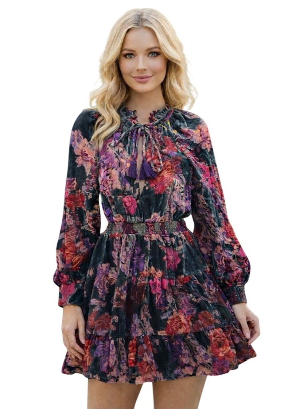 Fate Floral Velvet Burnout Mini Dress Size M Smocked Waist Romantic Boho Chic